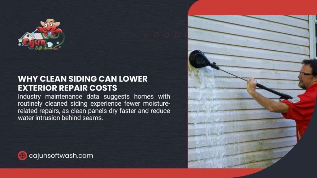 Professional cleaning vinyl siding with pressure washer; infographic about why clean siding lowers exterior repair costs.