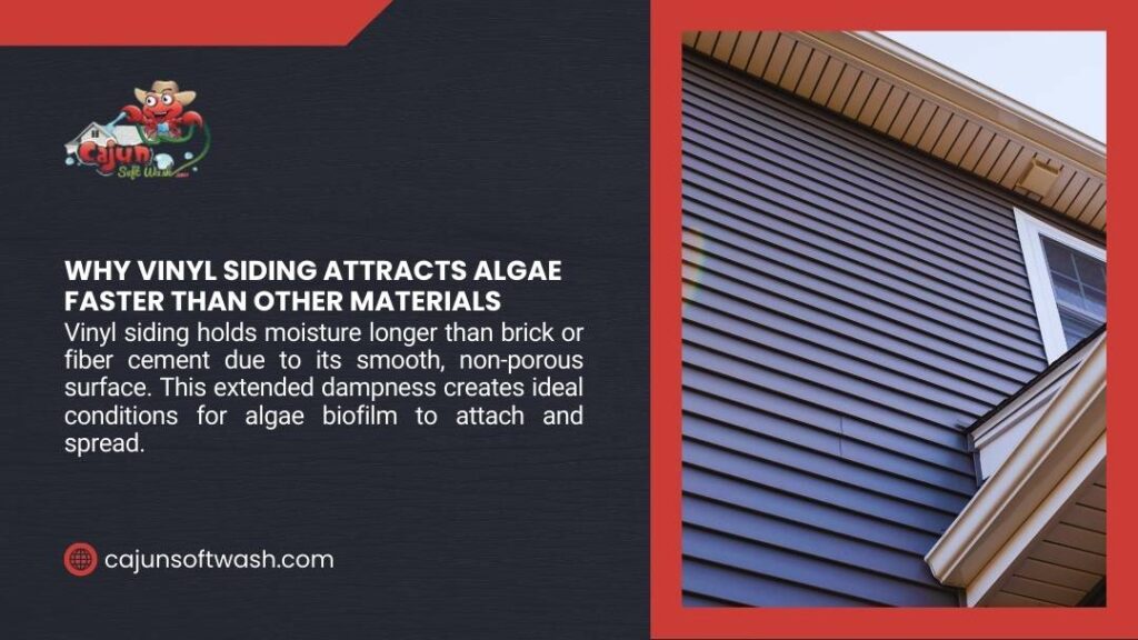 Infographic explaining why vinyl siding attracts algae faster: its smooth, non-porous surface holds moisture longer than brick or fiber cement, creating ideal conditions for algae biofilm to attach and spread. Features clean dark blue vinyl siding photo and Cajun Soft Wash logo.