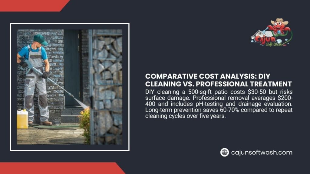Infographic comparing DIY patio cleaning versus professional treatment costs, showing pressure washing with analysis of long-term savings and surface protection.