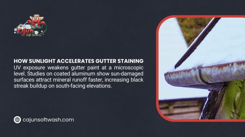 Stained gutter with dark mineral streaks and algae growth, illustrating UV exposure accelerates black staining on gutters