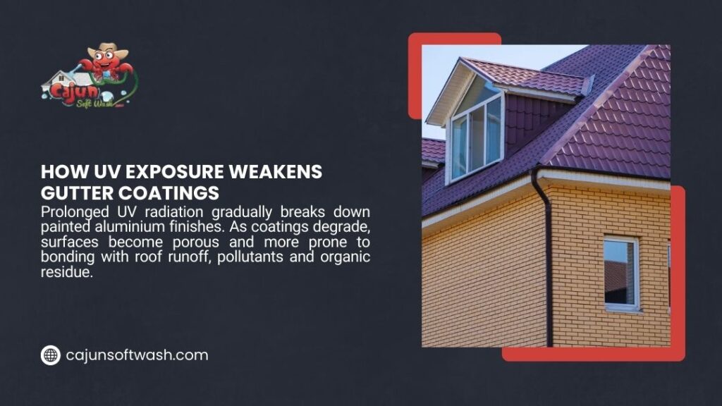 Infographic on how UV exposure weakens gutter coatings, showing residential home with gutters affected by UV radiation and roof runoff damage.