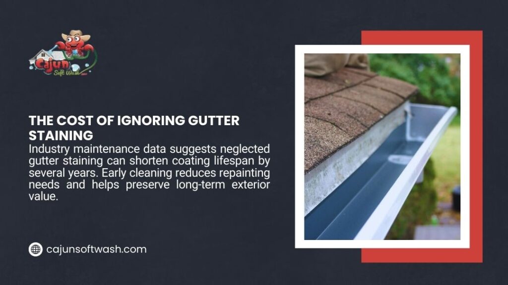 Infographic on the cost of ignoring gutter staining, showing stained residential gutter and explaining how early cleaning preserves coating lifespan.