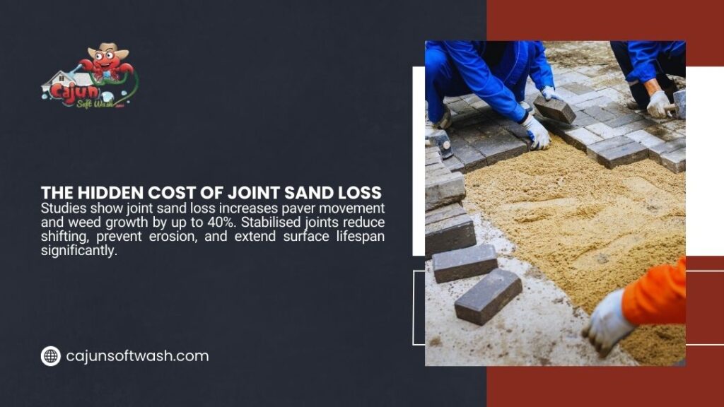 Infographic on the hidden cost of joint sand loss in pavers, showing workers re-sanding patio joints and explaining paver movement and weed growth impact.