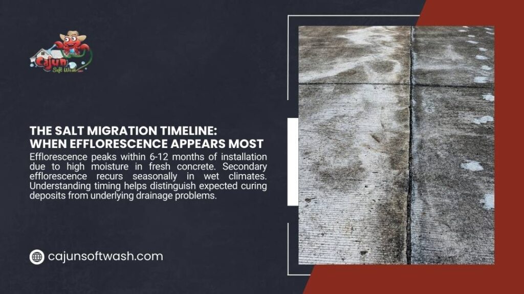 Infographic on the salt migration timeline showing when efflorescence appears most on concrete, displaying white salt deposits on pavers after installation.