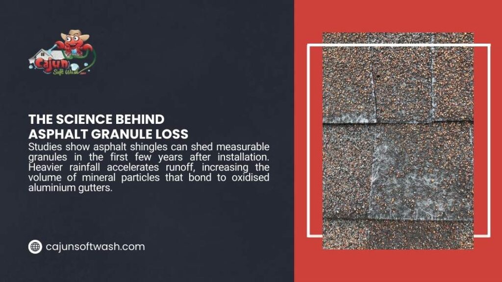 Tiger Stripes on Gutters - Infographic on the science behind asphalt granule loss, showing roof shingle deterioration from rainfall and mineral particle bonding to gutters.