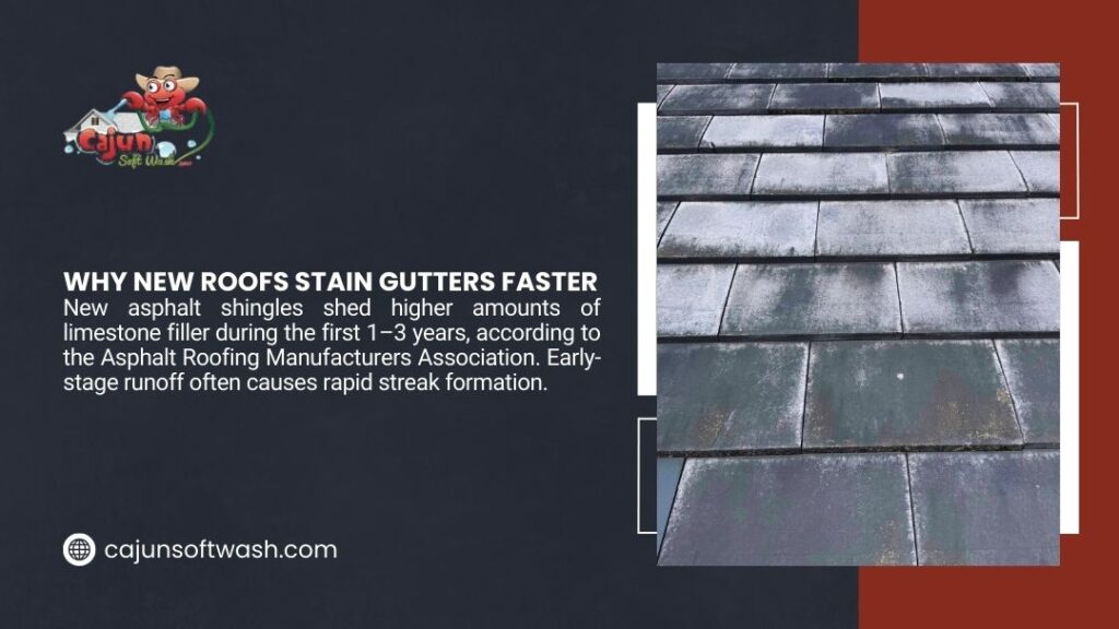New asphalt shingles with limestone filler runoff causing dark staining, illustrating why new roofs stain gutters faster initially