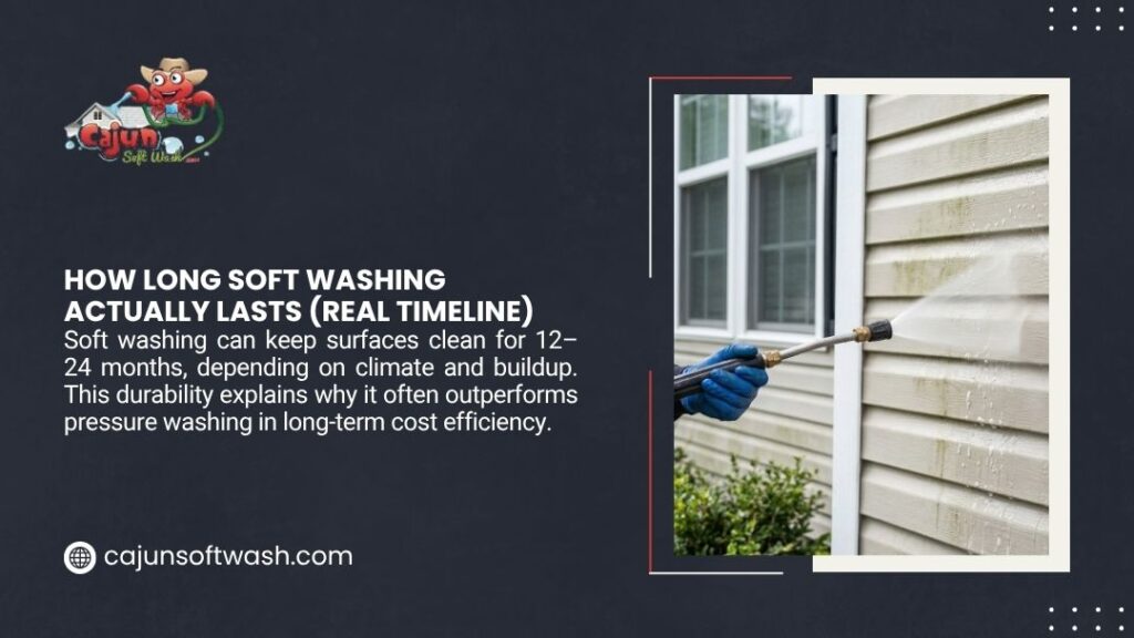 Gloved hand using a pressure washer wand to spray cleaning solution onto the siding of a house exterior, showing soft washing in action.