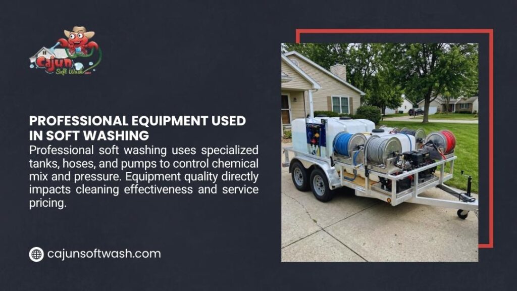 Professional Equipment Used in Soft Washing. Professional soft wash trailer with tanks, hoses, reels, and pump system parked on a residential driveway in front of a house.