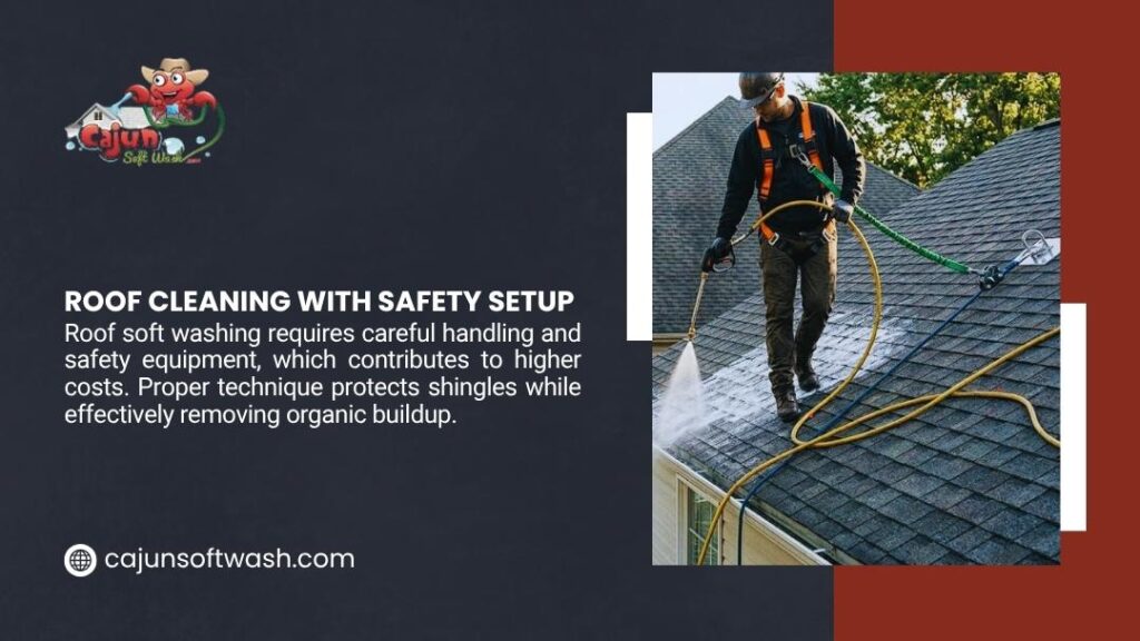 Worker wearing safety harness standing on a sloped asphalt shingle roof, using a soft wash spray wand with hoses to clean the surface.