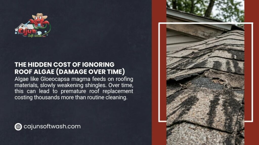 Close-up of damaged asphalt roof shingles covered in dark black algae streaks and streaks of deterioration.
