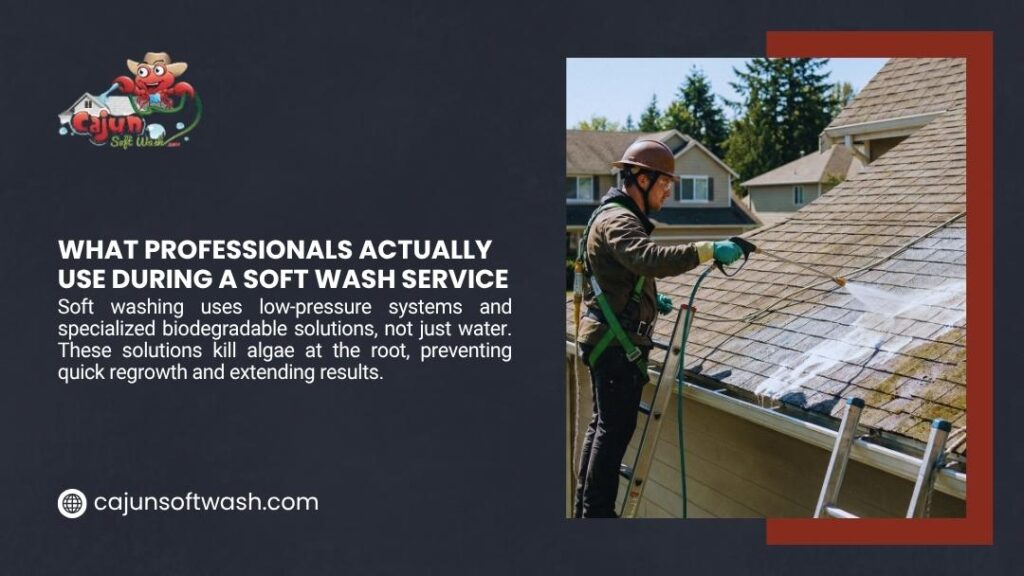 Professional soft wash technician in safety harness applying biodegradable cleaning solution to a moss-covered roof, showing the tools used in a soft wash service.