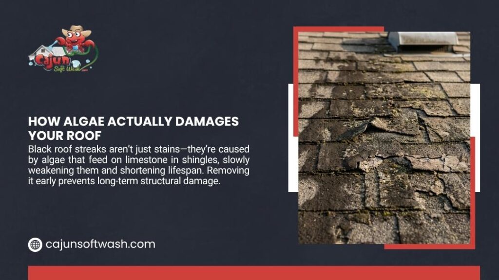 Cracked and deteriorating roof shingles covered in algae and black streaks showing how algae actually damages your roof.