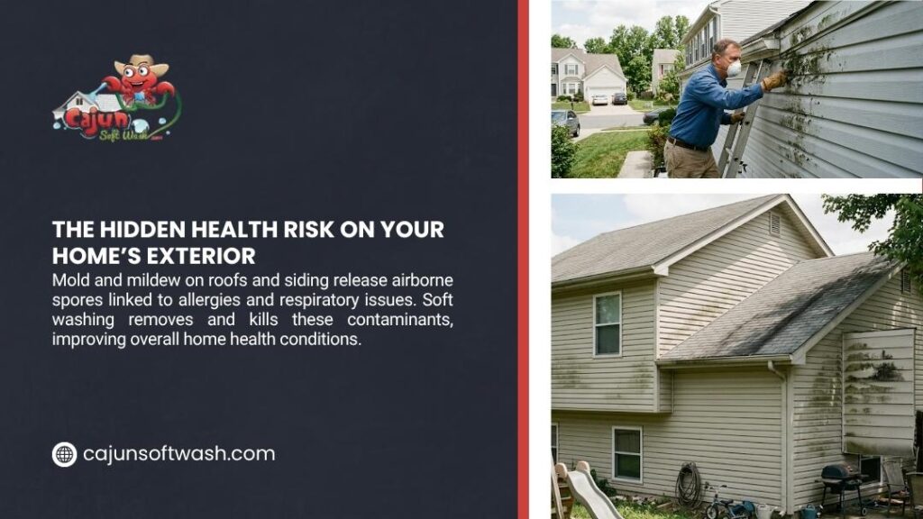 Mold and mildew on home siding and roof showing the hidden health risks on your home's exterior from airborne spores.