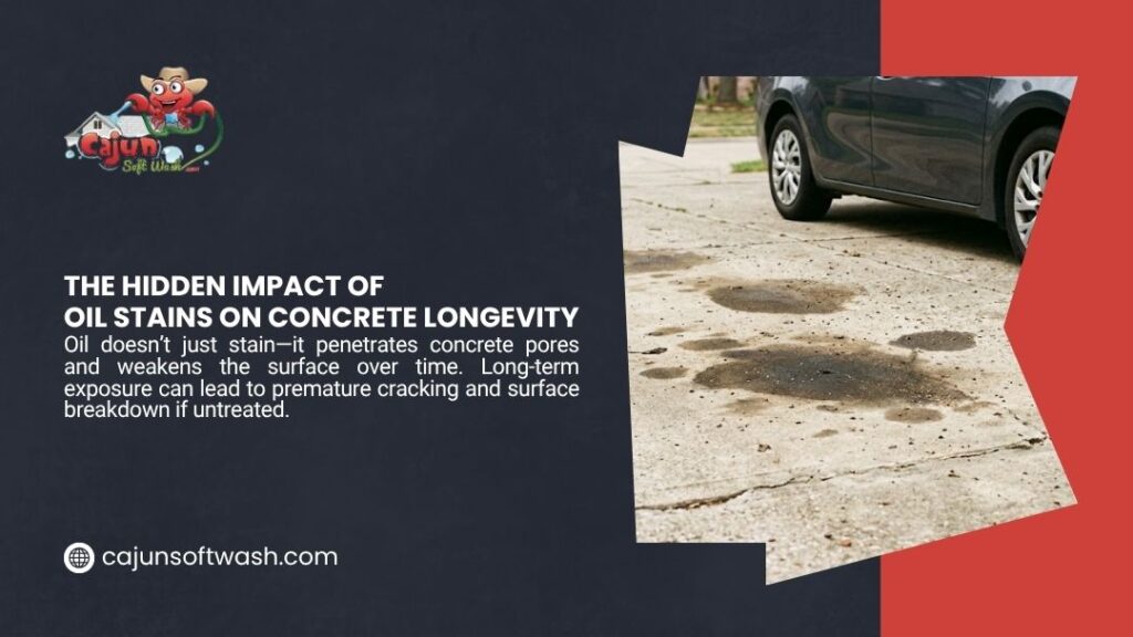 Oil stains penetrating a concrete driveway beside a parked car showing the hidden impact on concrete longevity and cracking.