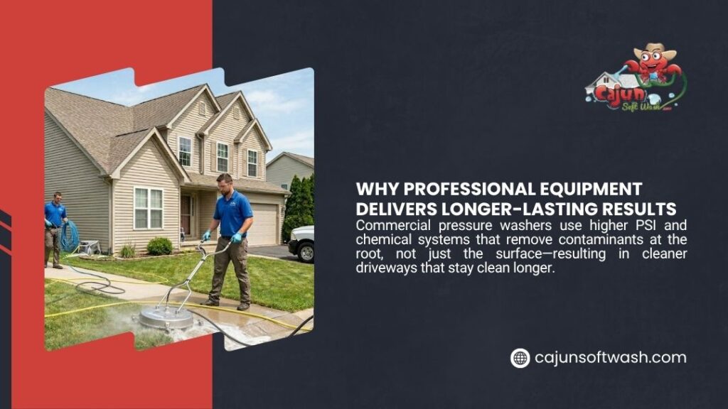 Professional technicians using commercial pressure washing equipment on a driveway delivering longer-lasting cleaning results.