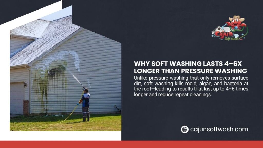 Technician soft washing algae and mold off a home's siding showing why soft washing lasts 4-6x longer than pressure washing.