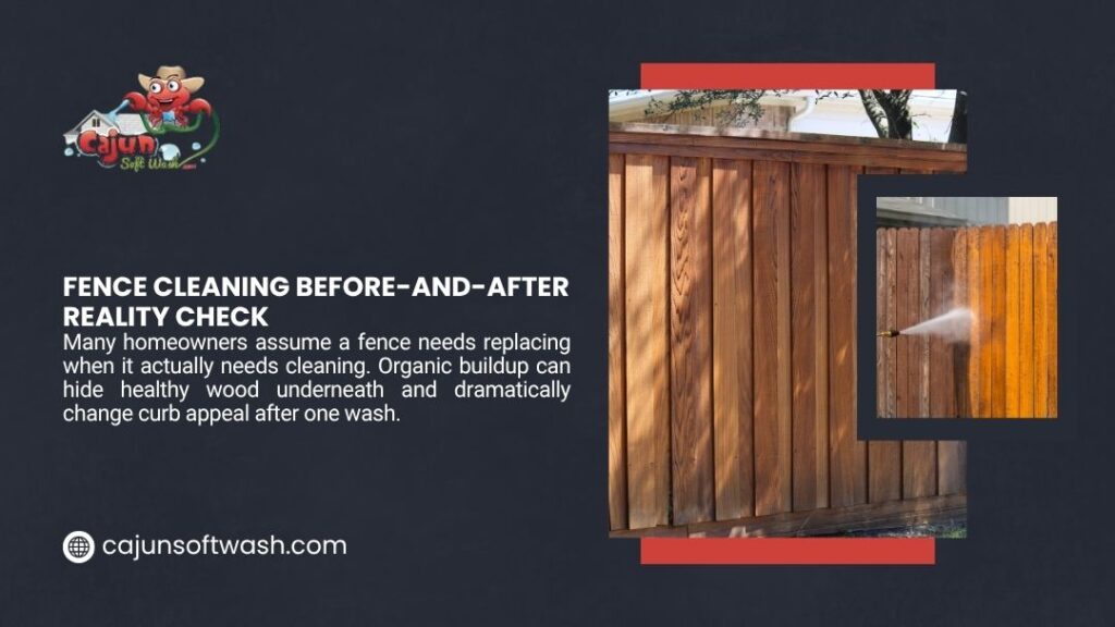 A pressure washer sprays a wooden structure, revealing a clear fence cleaning before-and-after reality check as grime is removed to expose bright, healthy wood underneath.