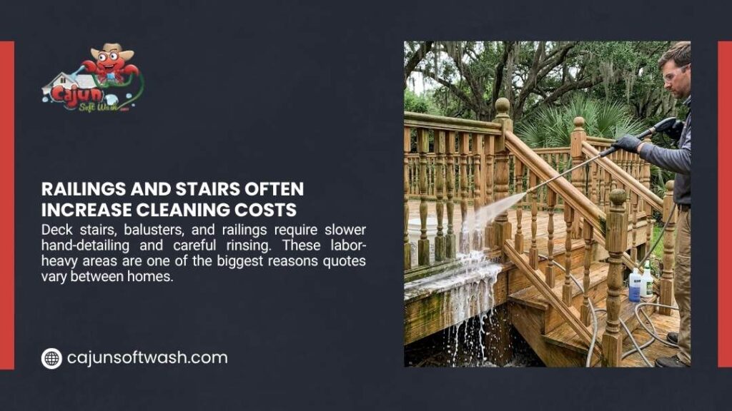 Cajun Soft Wash graphic "Railings and Stairs Often Increase Cleaning Costs" showing a technician soft washing wooden deck stairs and railings with spray wand.