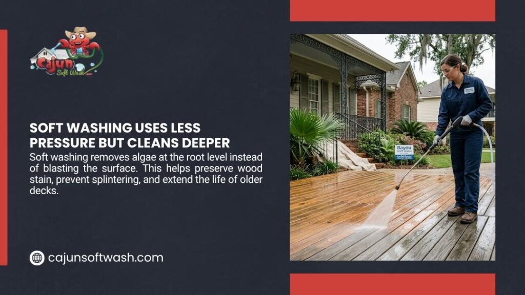 Cajun Soft Wash graphic "Soft Washing Uses Less Pressure but Cleans Deeper" showing a technician in uniform spraying a wooden deck with low-pressure equipment.