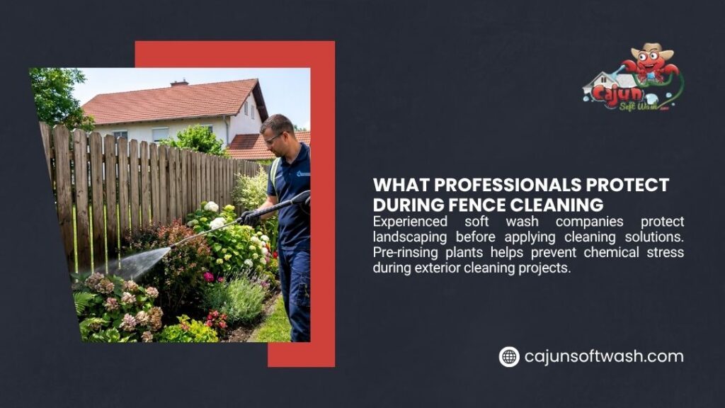 A technician sprays a garden bed next to a wooden fence, illustrating what professionals protect during fence cleaning by pre-rinsing nearby plants to prevent chemical stress.
