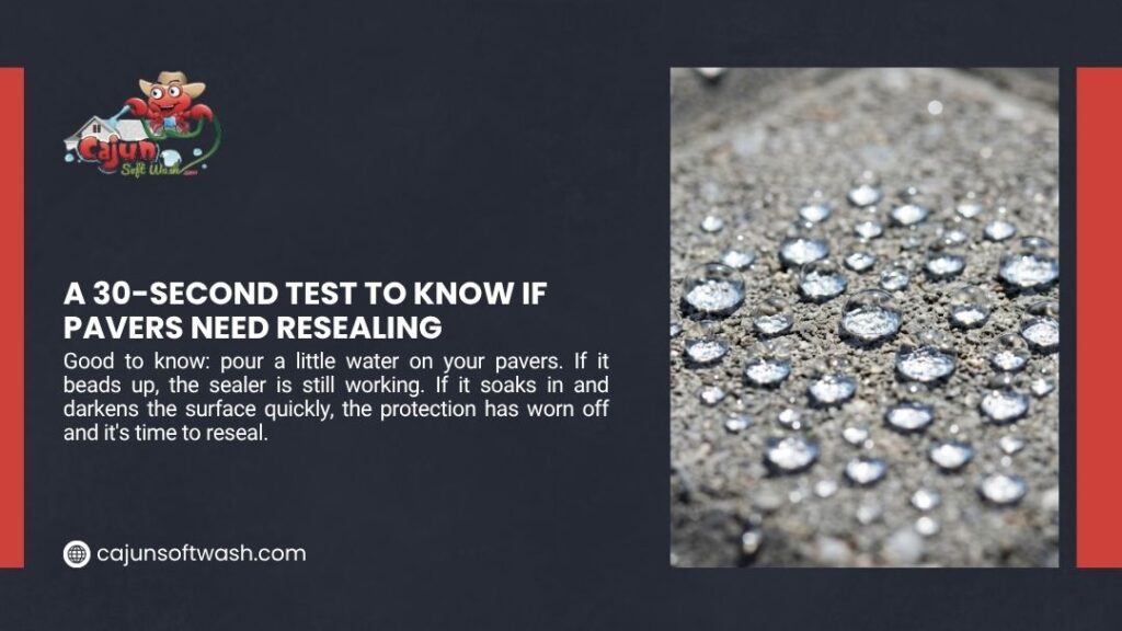 Water beading on a sealed paver surface, showing the 30-second water test to know if pavers still have protection or need resealing.