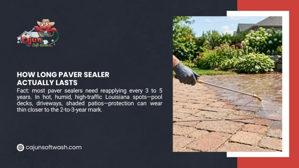 Gloved worker applying paver sealer to a brick patio with a sprayer, showing how long paver sealer lasts before needing reapplication.