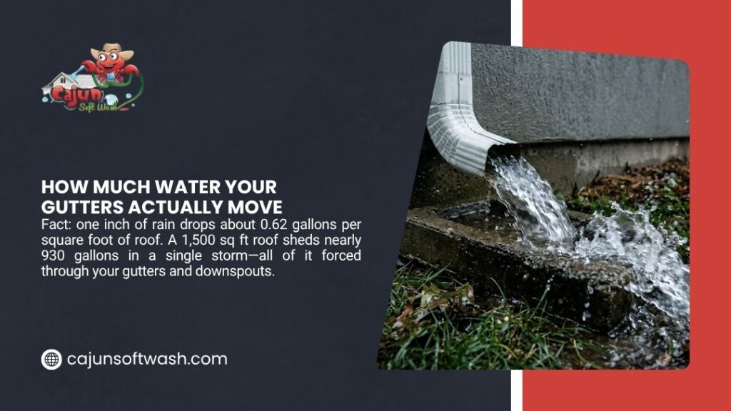 Water gushing from a downspout onto a splash block during rain, showing how much water gutters move from a roof in a single storm.