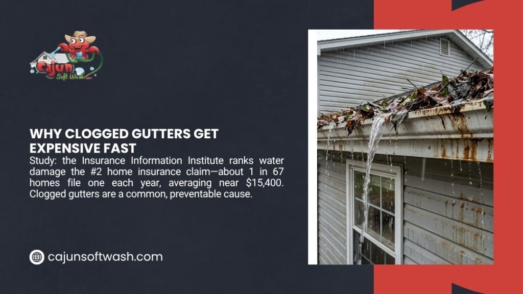 Clogged gutter overflowing with leaves and rainwater down a home's siding, showing how clogged gutters cause costly water damage.