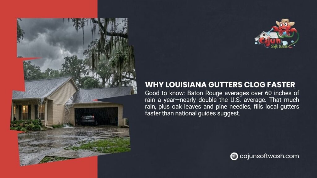 Heavy rain pouring off a Louisiana home's roof under stormy oak trees, showing why Baton Rouge gutters clog faster from rain, leaves, and pine needles.