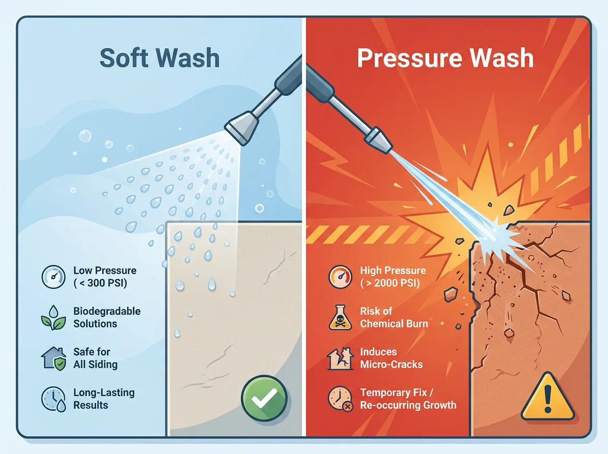 Side-by-side comparison of gentle soft washing versus high-pressure washing that can crack stucco