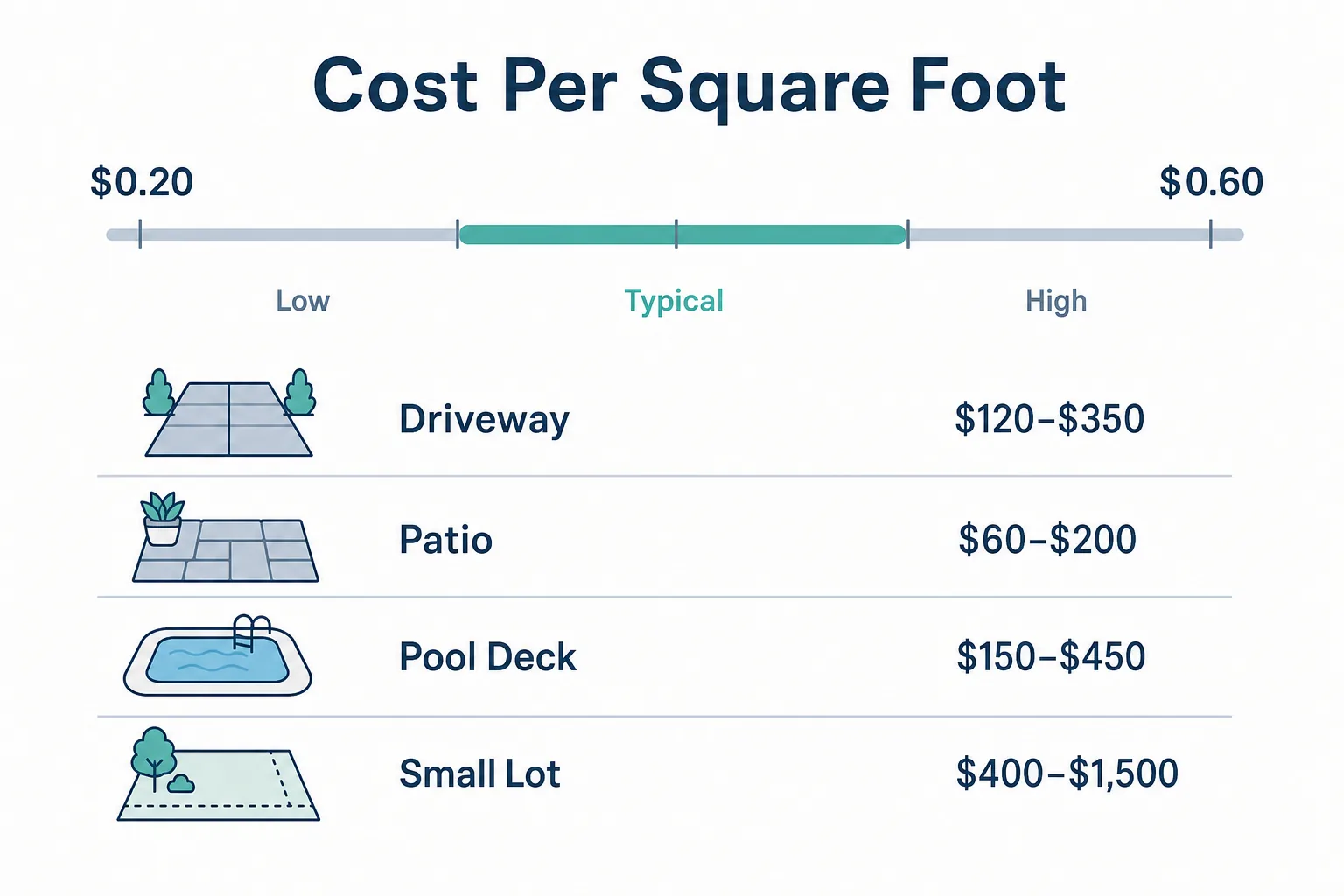 Infographic showing concrete cleaning price per square foot and typical cost ranges by surface type