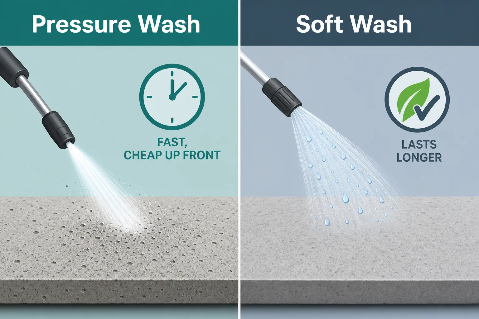 Side-by-side comparison of pressure washing versus soft washing concrete and their surface impact